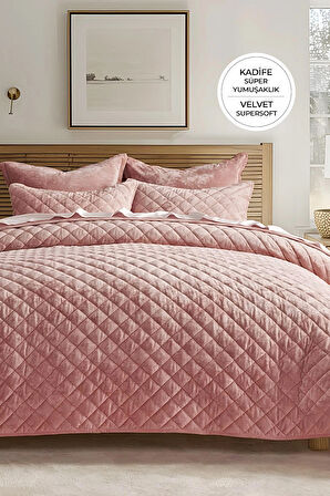 Kapitone Kadife Yatak Örtüsü Seti Çift Kişilik Supersoft 3 Parça Yumuşak Elyaf Dolgulu Çeyizlik Pudra