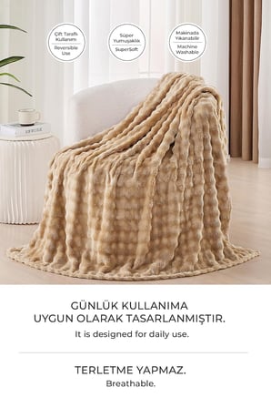 Kürk Bubble Battaniye Çift Kişilik Peluş Tavşan Tüyü 3 Parça Yumuşak 220x240 cm Bej