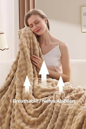 Kürk Bubble Battaniye Çift Kişilik Peluş Tavşan Tüyü 3 Parça Yumuşak 220x240 cm Bej
