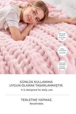 Kürk Bubble Battaniye Seti Tek Kişilik Peluş Tavşan Tüyü 2 Parça Yumuşak 180x220 cm Pudra