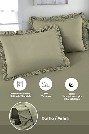 Pamuklu Taş Yıkama Fırfırlı Nevresim Takımı Çift Kişilik 4 Parça Barella Yumuşak Cappuccino