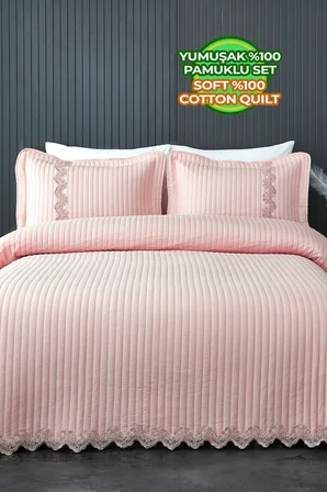 Dantelli Kapitone Yatak Örtüsü Çift Kişilik %100 Pamuk Elyaf Dolgulu Yumuşak Pudra 240 x 250 cm