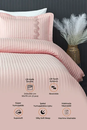 Dantelli Kapitone Yatak Örtüsü Çift Kişilik %100 Pamuk Elyaf Dolgulu Yumuşak Pudra 240 x 250 cm