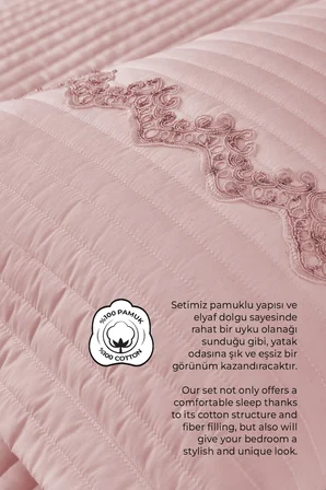 Dantelli Kapitone Yatak Örtüsü Çift Kişilik %100 Pamuk Elyaf Dolgulu Yumuşak Pudra 240 x 250 cm