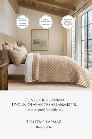 Kapitone Kadife Yatak Örtüsü Seti Tek Kişilik Supersoft 2 Parça Yumuşak Elyaf Dolgulu Çeyizlik Bej