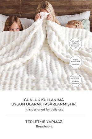 Kürk Bubble Battaniye Seti Çift Kişilik Peluş Tavşan Tüyü 3 Parça Yumuşak 220x240 cm Krem