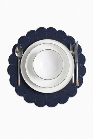 Nakışlı Deri Amerikan Servis 2'li Set Çift Taraflı Yuvarlak Supla 40x40 cm Almada Lacivert