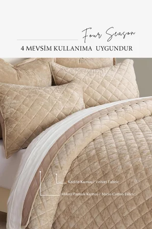 Kapitone Kadife Yatak Örtüsü Seti Çift Kişilik Supersoft 3 Parça Yumuşak Elyaf Dolgulu Çeyizlik Bej