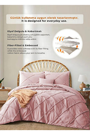 Pamuklu Yatak Örtüsü Seti Günlük Çift Kişilik Emmy Boho 3 Parça Dolgulu Tufting