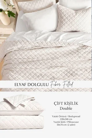 Kapitone Kadife Yatak Örtüsü Seti Çift Kişilik Supersoft 3 Parça Yumuşak Elyaf Dolgulu Çeyizlik Krem