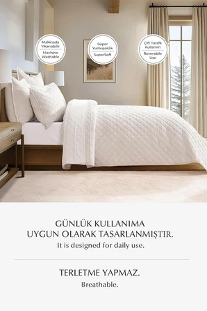 Kapitone Kadife Yatak Örtüsü Seti Çift Kişilik Supersoft 3 Parça Yumuşak Elyaf Dolgulu Çeyizlik Krem