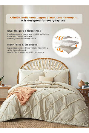 Pamuklu Yatak Örtüsü Seti Günlük Çift Kişilik Emmy Boho 3 Parça Dolgulu Tufting