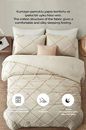 Pamuklu Yatak Örtüsü Seti Günlük Çift Kişilik Emmy Boho 3 Parça Dolgulu Tufting