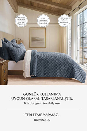 Kapitone Kadife Yatak Örtüsü Seti Çift Kişilik Supersoft 3 Parça Yumuşak Elyaf Dolgulu Çeyizlik Gri