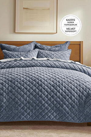Kapitone Kadife Yatak Örtüsü Seti Çift Kişilik Supersoft 3 Parça Yumuşak Elyaf Dolgulu Çeyizlik Gri