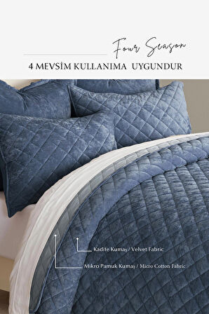 Kapitone Kadife Yatak Örtüsü Seti Çift Kişilik Supersoft 3 Parça Yumuşak Elyaf Dolgulu Çeyizlik Gri