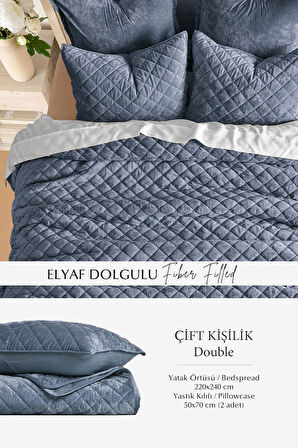 Kapitone Kadife Yatak Örtüsü Seti Çift Kişilik Supersoft 3 Parça Yumuşak Elyaf Dolgulu Çeyizlik Gri