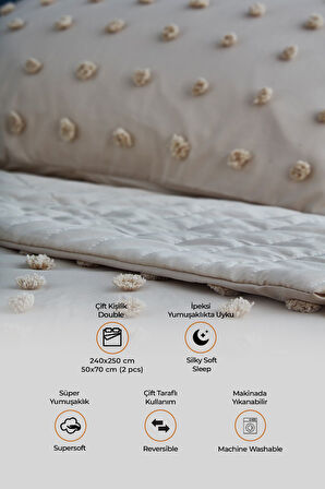 Pamuklu Yatak Örtüsü Seti Günlük Çift Kişilik Emmy Boho 3 Parça Dolgulu Tufting