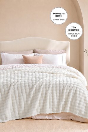 Kürk Bubble Battaniye Çift Kişilik Peluş Tavşan Tüyü Yumuşak 220x240 cm Krem