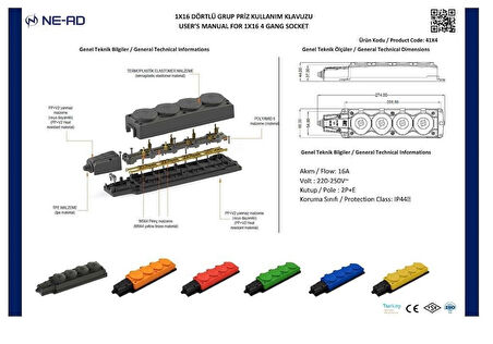 NEAD 4 lü Kauçuk Grup Priz Turuncu 16A