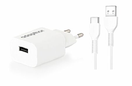 Adapthor 10W 5V 2.1A Tek Usb + Usb To Type C  2.4A Kablolu Set  Beyaz 