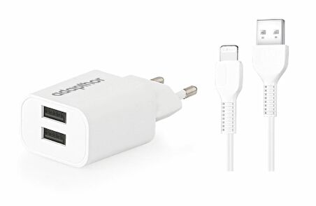 Adapthor 10W 5V 2.1A Çift Usb + Usb To Lıghtnıng 2.4A Kablolu Set Beyaz  