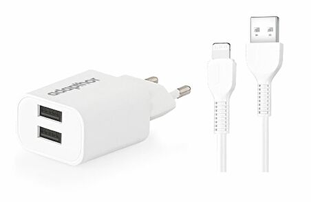 Adapthor 10W 5V 2.1A Çift Usb + Iphone To Usb 3A Kablolu Set Beyaz 