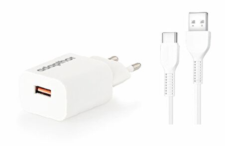 Adapthor 18W 5V 3A/ 9V 2A/ 12V 1.5A Qc + Usb To Type C 3A Kablolu Set Beyaz 