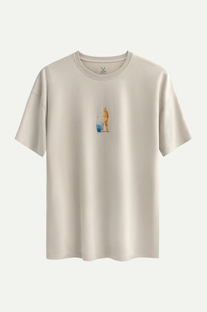 Krem Erkek Oversize / Relax Tişört - %100 Pamuk | (Wavrel)