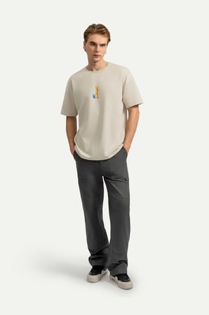Krem Erkek Oversize / Relax Tişört - %100 Pamuk | (Wavrel)