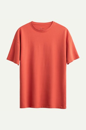 Kırmızı Erkek Oversize / Relax Basic Tişört - %100 Pamuk | (Relax - Coral)