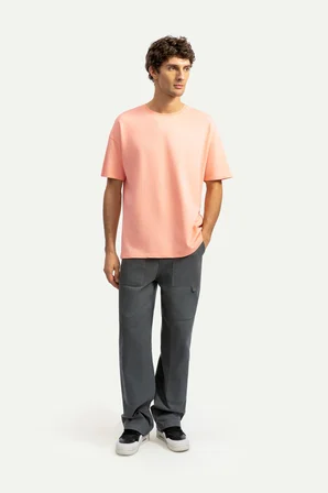 Pembe Erkek Oversize / Relax Basic Tişört - %100 Pamuk | (Relax - Canyon)