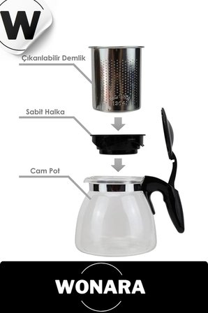 Özel Üretim Modern Isıya Dayanıklı Borosilikat Çaydanlık Bitki Çayı Çelik Süzgeçli Demlik 1.1 Lt
