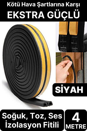 4 Metre Siyah Pvc Doğrama Kapı Pencere Soğuk Geçirmez Sızdırmaz İzolasyon Fitil Yapışkanlı 2x2=4 mt