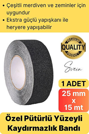 Premium 25mm x 15mt Siyah Kaydırmaz Bant Yapışkanlı Merdiven Basamak Zemin Güçlü Tutunabilen Halı