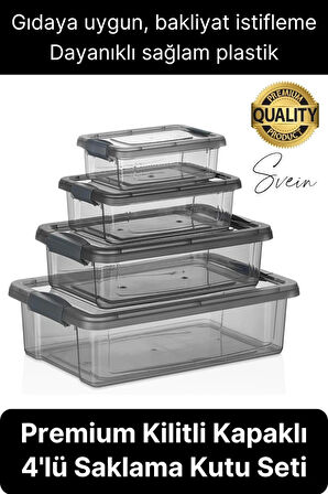 Premium Organizer 4'lü Plastik Erzak Gıda Saklama Kabı Seti İç İçe Kilitli İstifleme Yer Tasarrufu