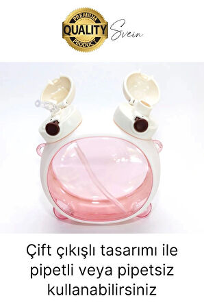 Sevimli Ayıcıklı Çocuk Suluğu Çift Kapaklı Pipetli Boyun Askılı Su Matarası Şişesi Beyaz Sticker