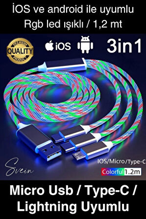 Özel Üretim Rgb Led Işıklı 3'ü 1 Arada Şarj Kablosu Micro Usb Type-C Lightning Apple İphone Uyumlu