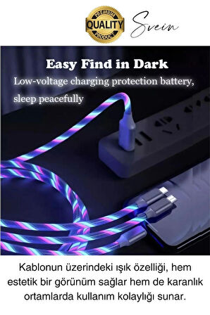 Özel Üretim Rgb Led Işıklı 3'ü 1 Arada Şarj Kablosu Micro Usb Type-C Lightning Apple İphone Uyumlu