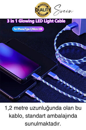 Özel Üretim Rgb Led Işıklı 3'ü 1 Arada Şarj Kablosu Micro Usb Type-C Lightning Apple İphone Uyumlu