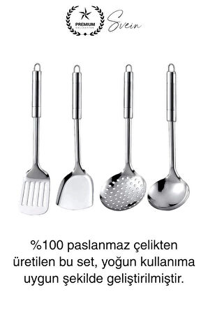 5'li Paslanmaz Çelik Mutfak Seti Servis Kepçe Kevgir Spatula Kaşık Takımı Metal Hijyen Çeyiz Pratik