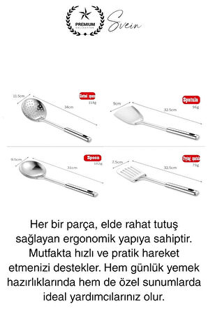 5'li Paslanmaz Çelik Mutfak Seti Servis Kepçe Kevgir Spatula Kaşık Takımı Metal Hijyen Çeyiz Pratik