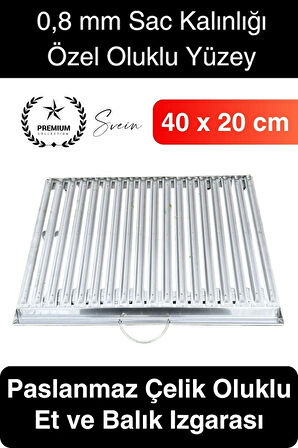 Premium 40 x 20 cm Paslanmaz Çelik 0,8 Kalın Oluklu Izgara Mangal Piknik Kamp Et Balık Kebap Pişirme