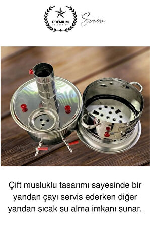Premium Çift Musluklu 10 lt Kömürlü Kamp Piknik İçin Çok Amaçlı Odunlu Çay Semaveri Paslanmaz Çelik
