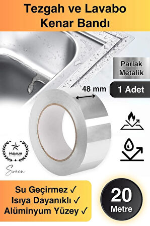20 Mt Parlak Metalik Gri Tezgah Lavabo Kenar Bandı Sızdırmaz Isıya Dayanıklı Bant Su İzolasyon 1 Ad.