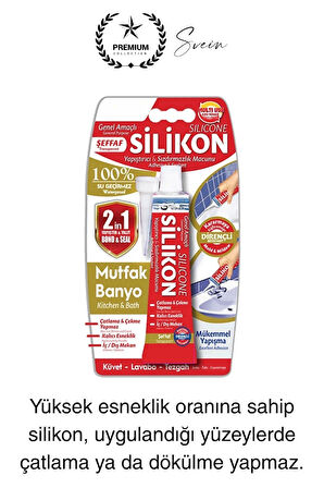 Premium 40 gr Üniversal Sızdırmaz Şeffaf Tüp Silikon Mutfak Banyo Küvet Kenarı Elastik İzolasyon