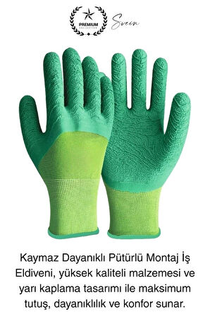 Kaymaz Dayanıklı Pütürlü Montaj İş Eldiveni Camcı Yarı Kaplama Güvenli Sağlam Lastikli Rahat Esnek