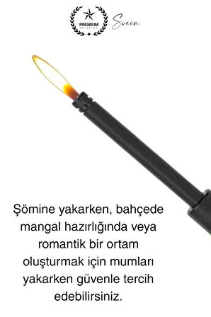 Premium 18 cm Siyah Basmalı Uzun Mutfak Çakmağı Gazlı Doldurulabilir Mum Mangal Kamp İçin Ateş