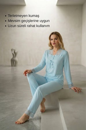 #Pijama Turkuaz Saten Kadın Pijama Takımı Rahat Ev Giyim Günlük ve Çeyizlik Nefes Alabilen Yumuşak