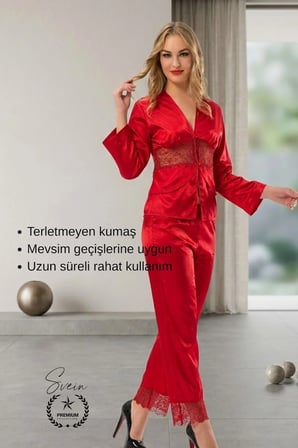 #Pijama Kırmızı Saten Kadın Pijama Takımı Rahat Ev Giyim Günlük ve Çeyizlik Nefes Alabilen Yumuşak